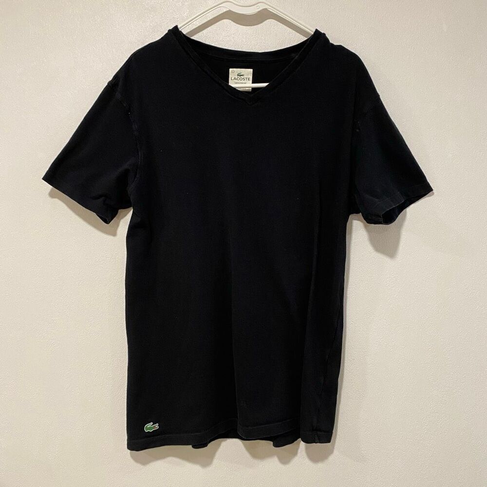 Lacoste Men’s Black V-Neck T-Shirt Logo Tee Size L